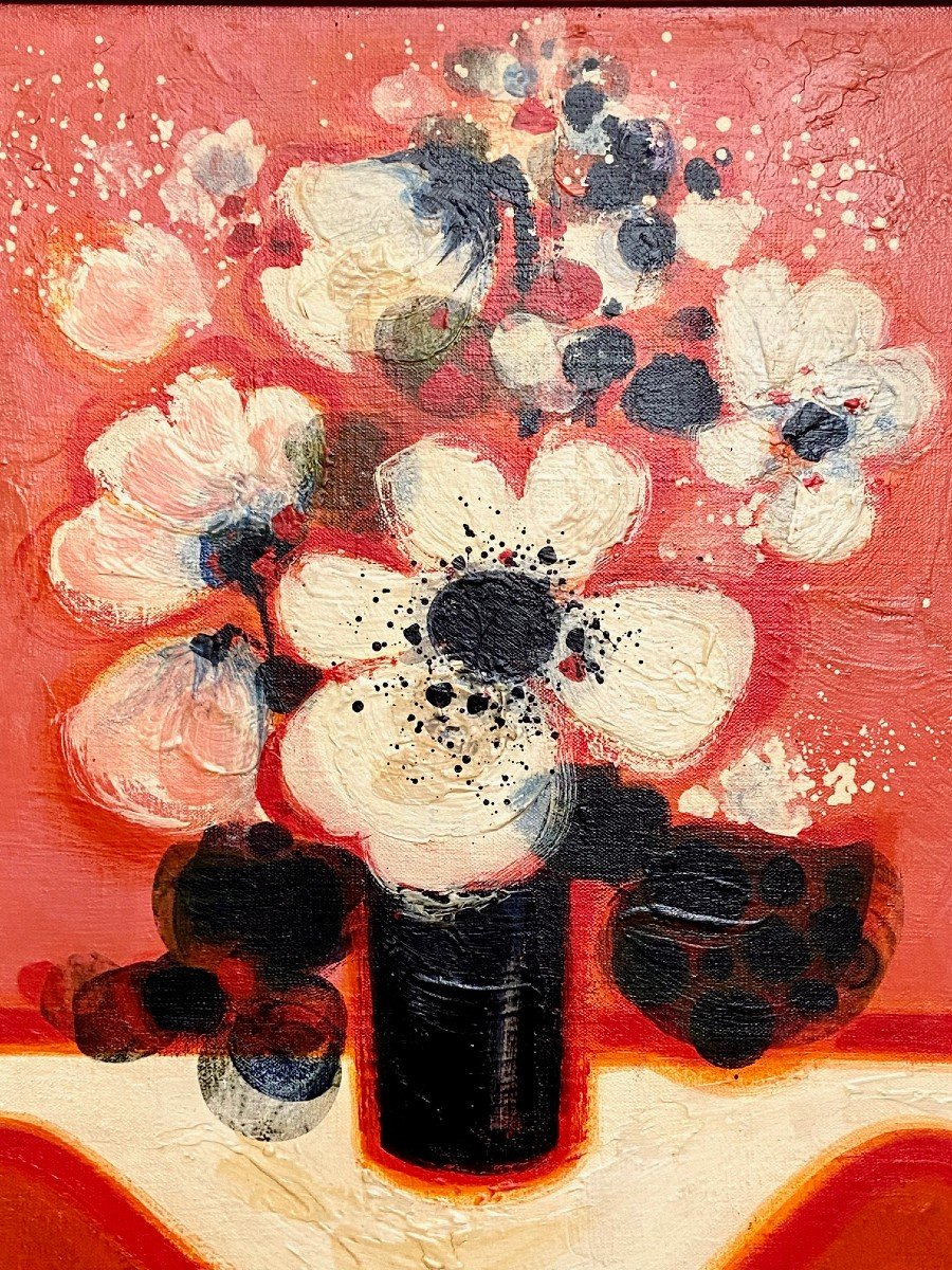 Frédéric Menguy (1927-2007),  Huile Sur Toile Des Années 1970 Titrée « Fleurs Blanches ».-photo-4