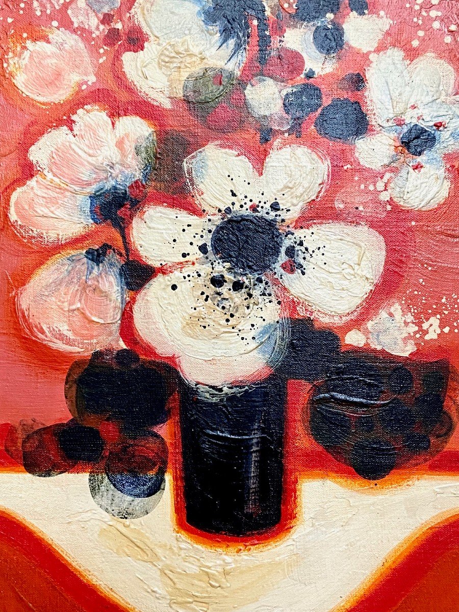 Frédéric Menguy (1927-2007),  Huile Sur Toile Des Années 1970 Titrée « Fleurs Blanches ».