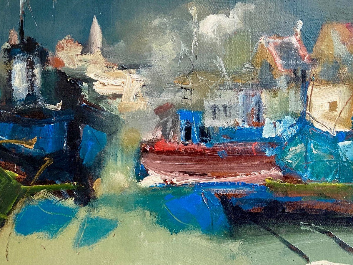 Jordi Bonas (1937-2017), Painting "boats In Port", Oil On Canvas From The 1970s. -photo-4