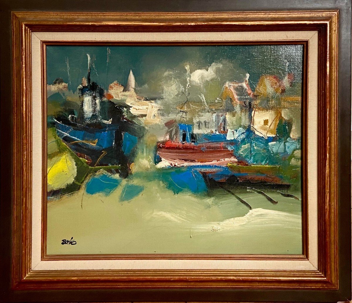 Jordi Bonas (1937-2017), Painting "boats In Port", Oil On Canvas From The 1970s. -photo-3