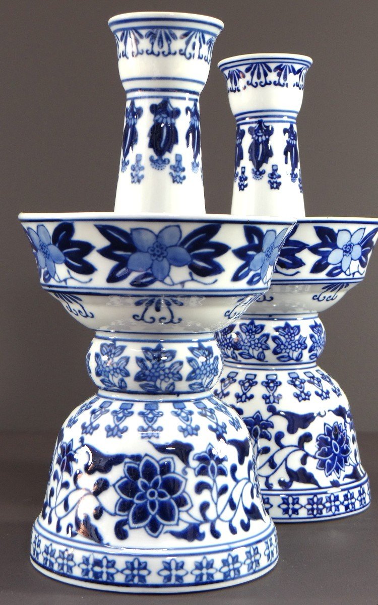 China, 1960s/1970s, Pair Of Porcelain Candlesticks Presenting A Rich Floral Decor.-photo-1