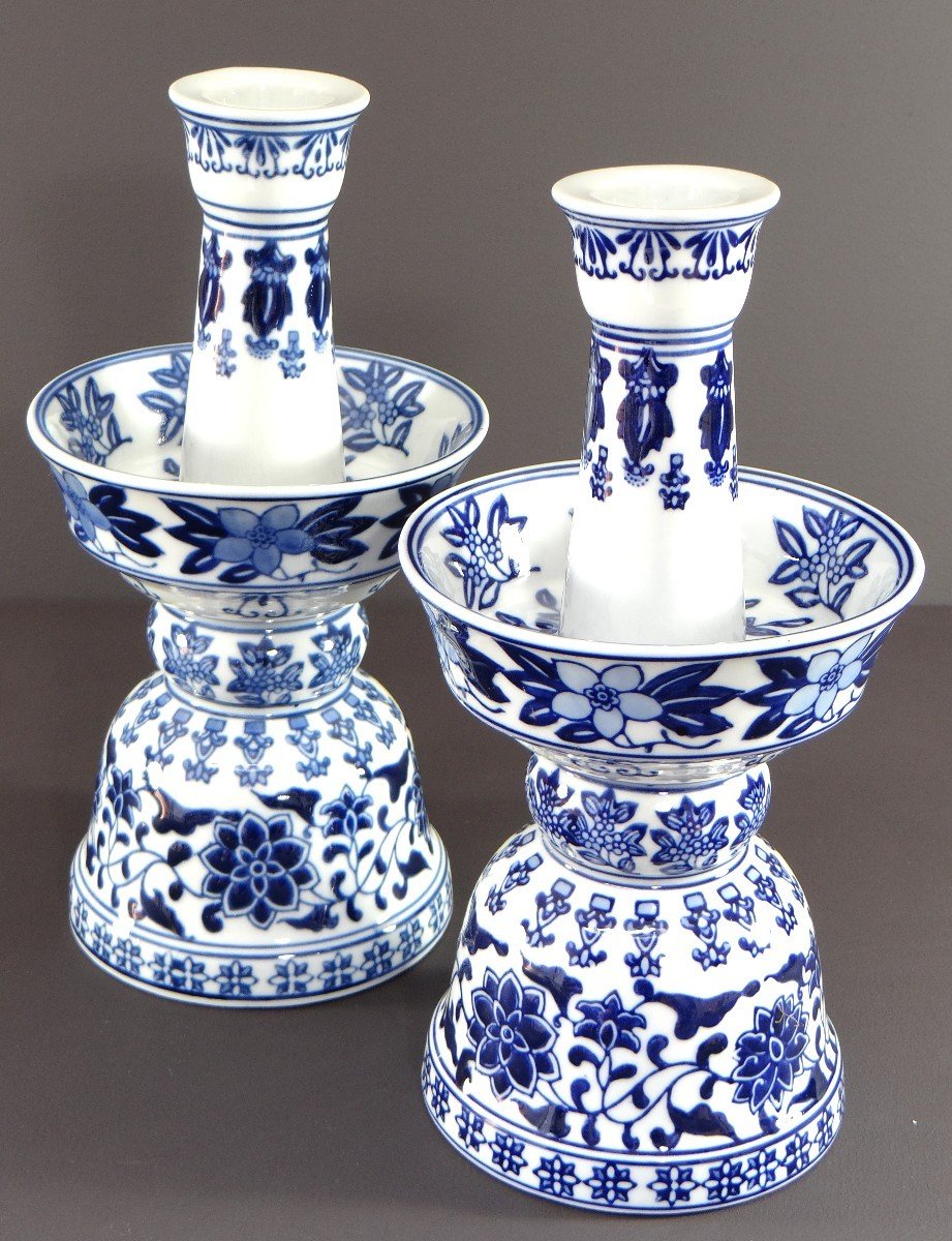 China, 1960s/1970s, Pair Of Porcelain Candlesticks Presenting A Rich Floral Decor.-photo-2