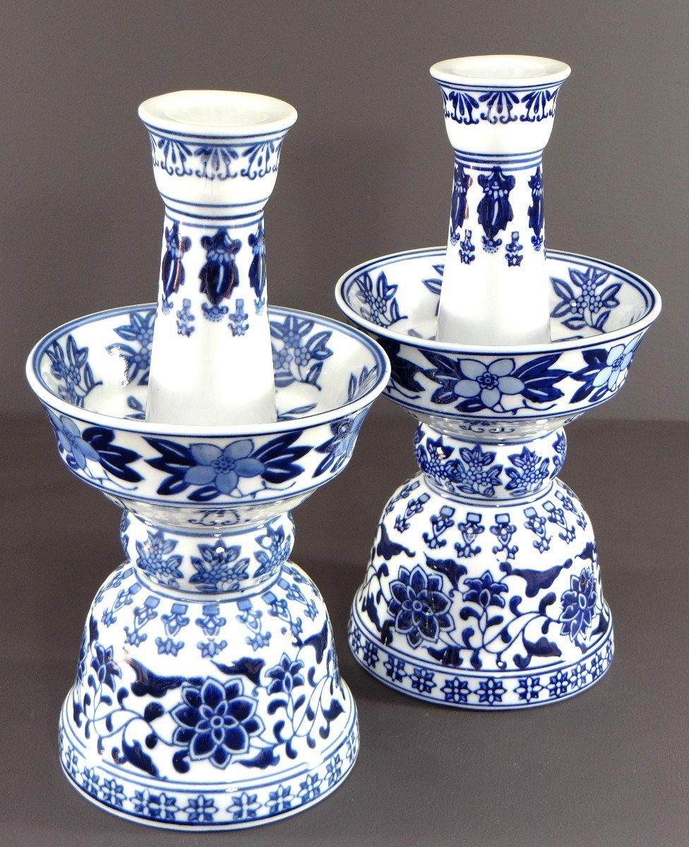 China, 1960s/1970s, Pair Of Porcelain Candlesticks Presenting A Rich Floral Decor.-photo-4