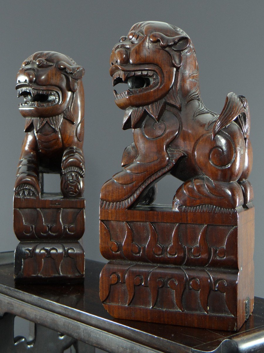 Chine, Début Du XXème Siècle, Paire De Chiens De Fo En Bois Sculpté Reposant Sur Une Console.-photo-4