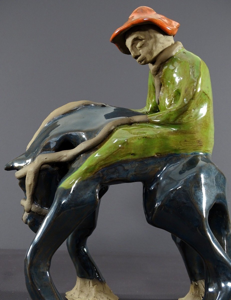 Philippe Rochette-castel (1941-2023) Ceramic Sculpture Depicting A Rider On His Mount-photo-2