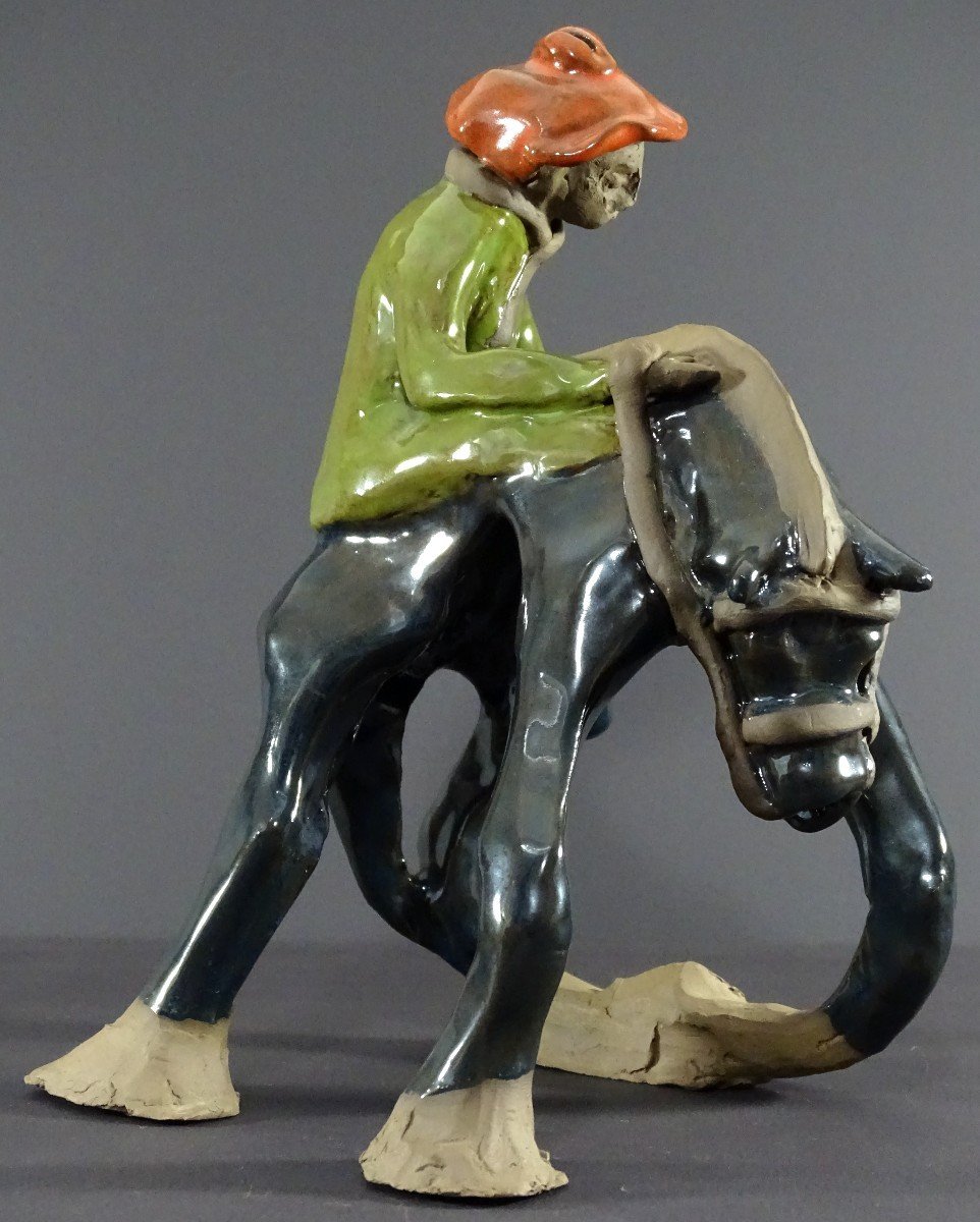 Philippe Rochette-castel (1941-2023) Ceramic Sculpture Depicting A Rider On His Mount-photo-1