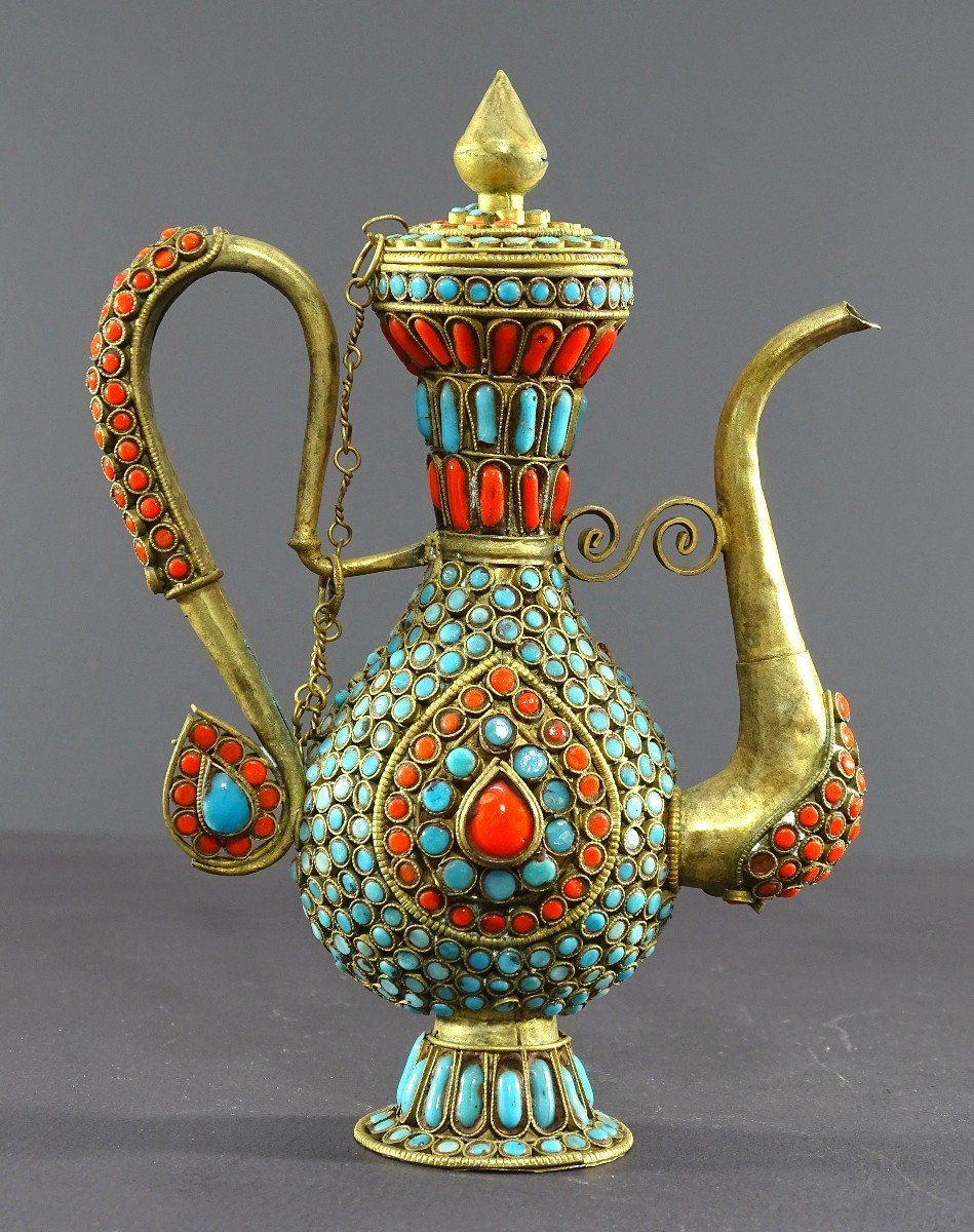 Tibet, 1920s/1930s, Repoussé Copper Ewer Decorated With Red And Blue Enamel Beads. -photo-2