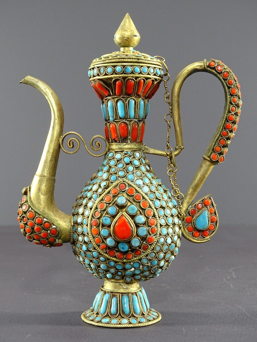 Tibet, 1920s/1930s, Repoussé Copper Ewer Decorated With Red And Blue Enamel Beads. -photo-4