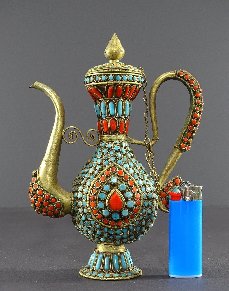 Tibet, 1920s/1930s, Repoussé Copper Ewer Decorated With Red And Blue Enamel Beads. -photo-8