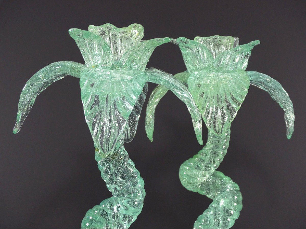 Biot (alpes-maritimes), 1960s/1970s, Pair Of Blown Glass "palm Tree" Candlesticks.-photo-3