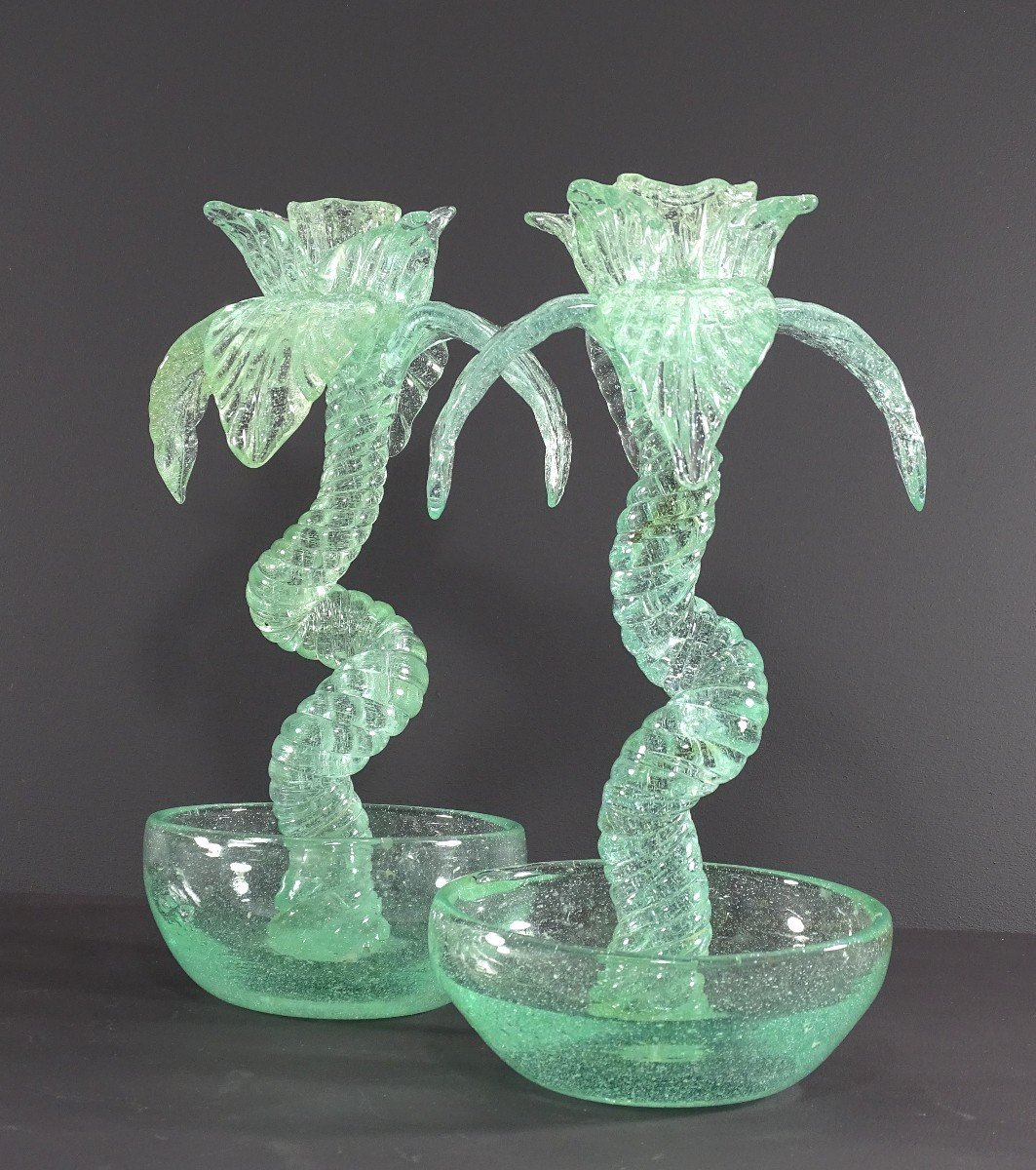 Biot (alpes-maritimes), 1960s/1970s, Pair Of Blown Glass "palm Tree" Candlesticks.-photo-3