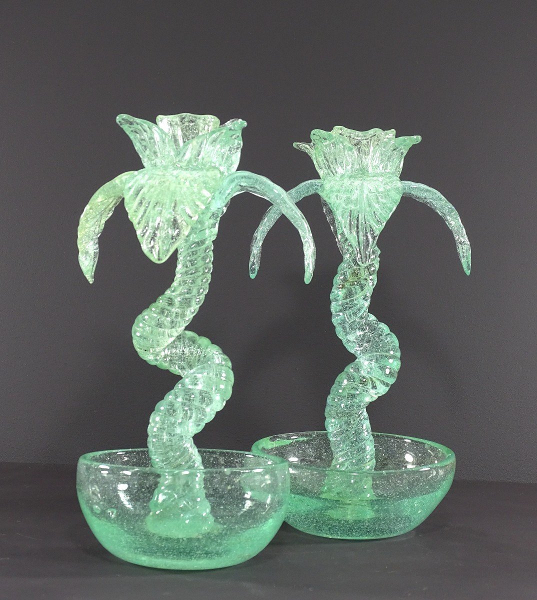 Biot (alpes-maritimes), 1960s/1970s, Pair Of Blown Glass "palm Tree" Candlesticks.-photo-5