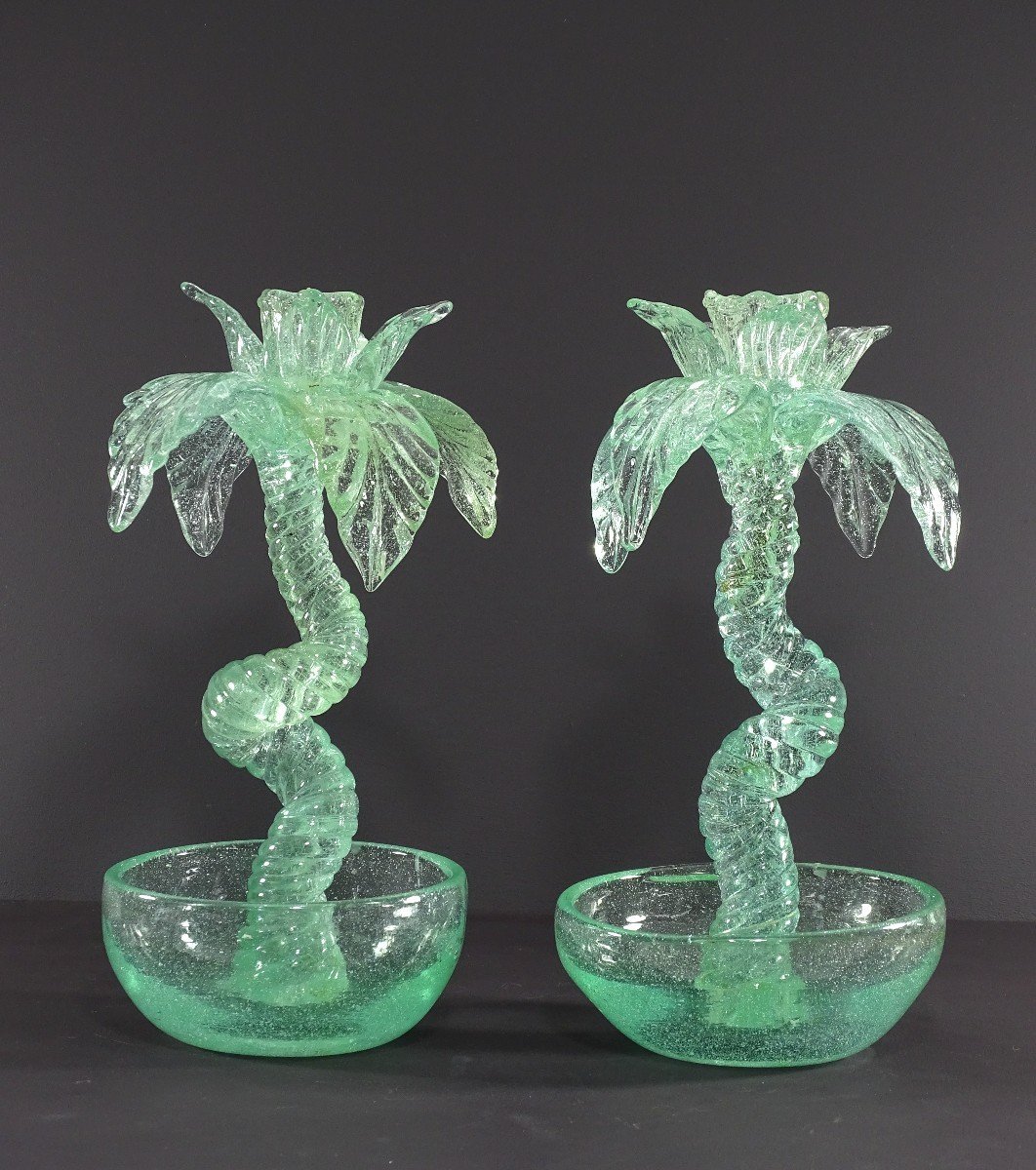 Biot (alpes-maritimes), 1960s/1970s, Pair Of Blown Glass "palm Tree" Candlesticks.-photo-7