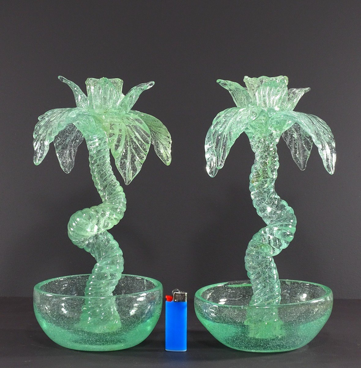 Biot (alpes-maritimes), 1960s/1970s, Pair Of Blown Glass "palm Tree" Candlesticks.-photo-8