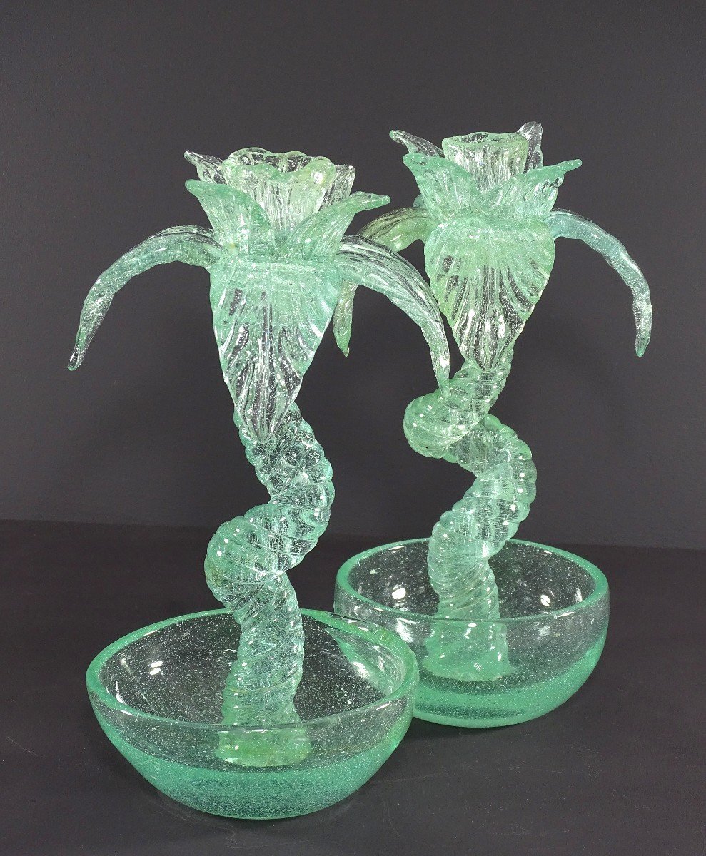 Biot (alpes-maritimes), 1960s/1970s, Pair Of Blown Glass "palm Tree" Candlesticks.