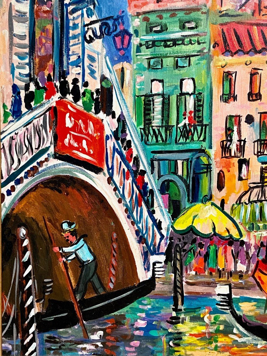 Paul Leberger (1927-2018), Huile Sur Toile Des Années 1980 Titrée « Le Pont Du Rialto – Venise"-photo-1
