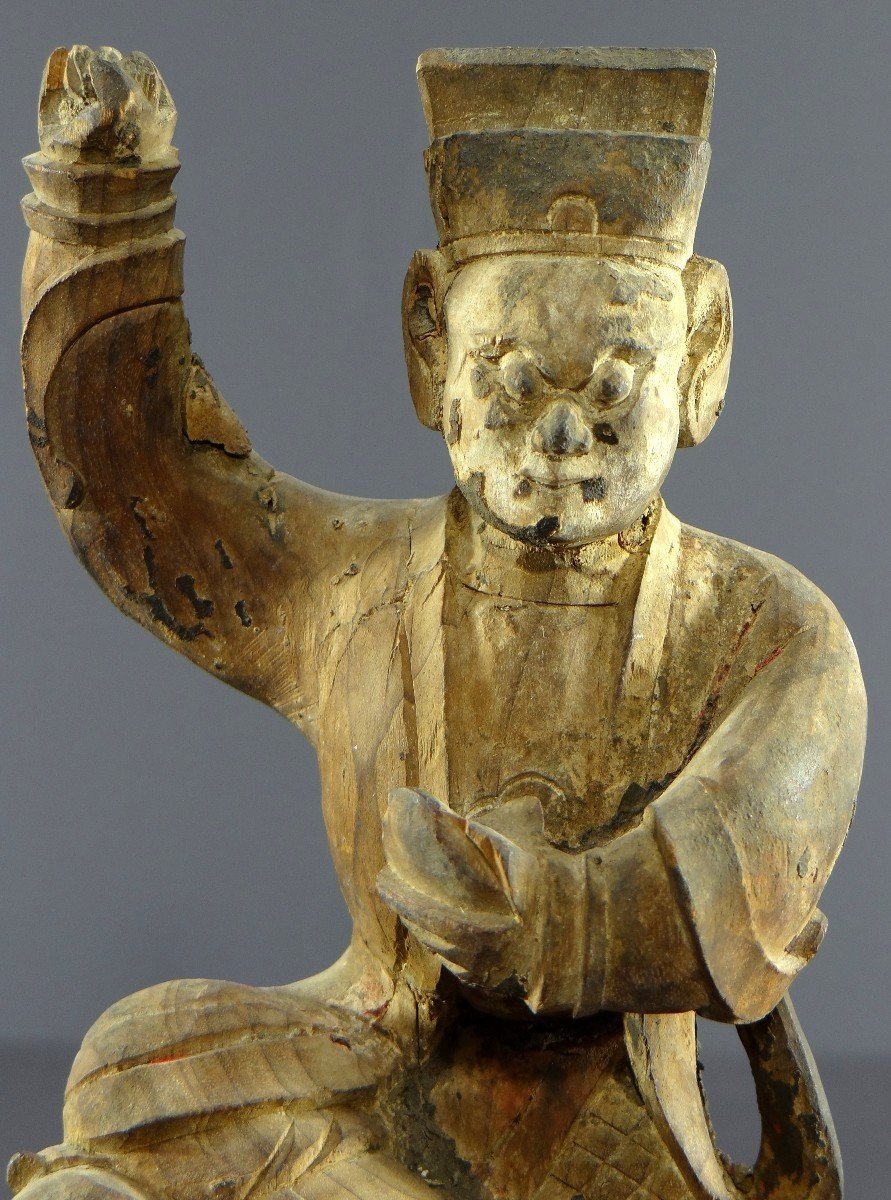 Chine, Début Du XIXème Siècle, Statue De Chao Kung Ming En Bois Sculpté. -photo-3
