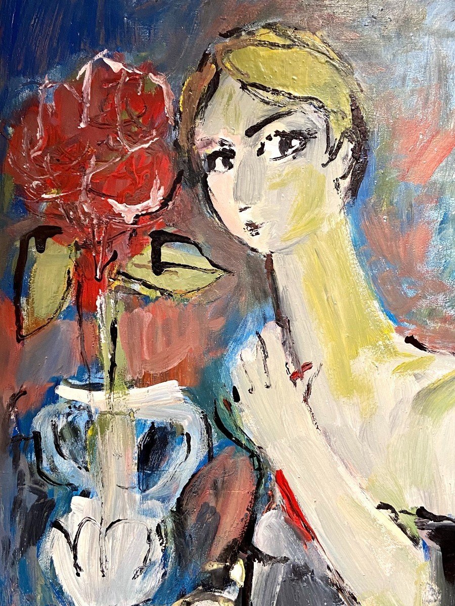 Mario Bonamici (1912-2002), Tableau Jeune élégante à La Fleur Rouge.-photo-4