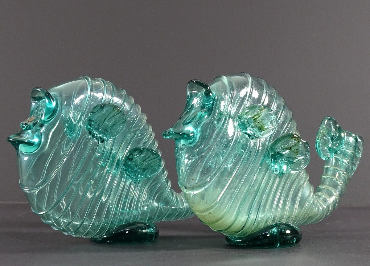 Venice, Murano Island, 1950s, Pair Of Blown Glass Soliflores Depicting Fish.-photo-1