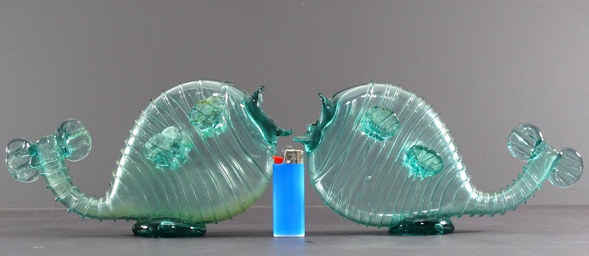 Venice, Murano Island, 1950s, Pair Of Blown Glass Soliflores Depicting Fish.-photo-8
