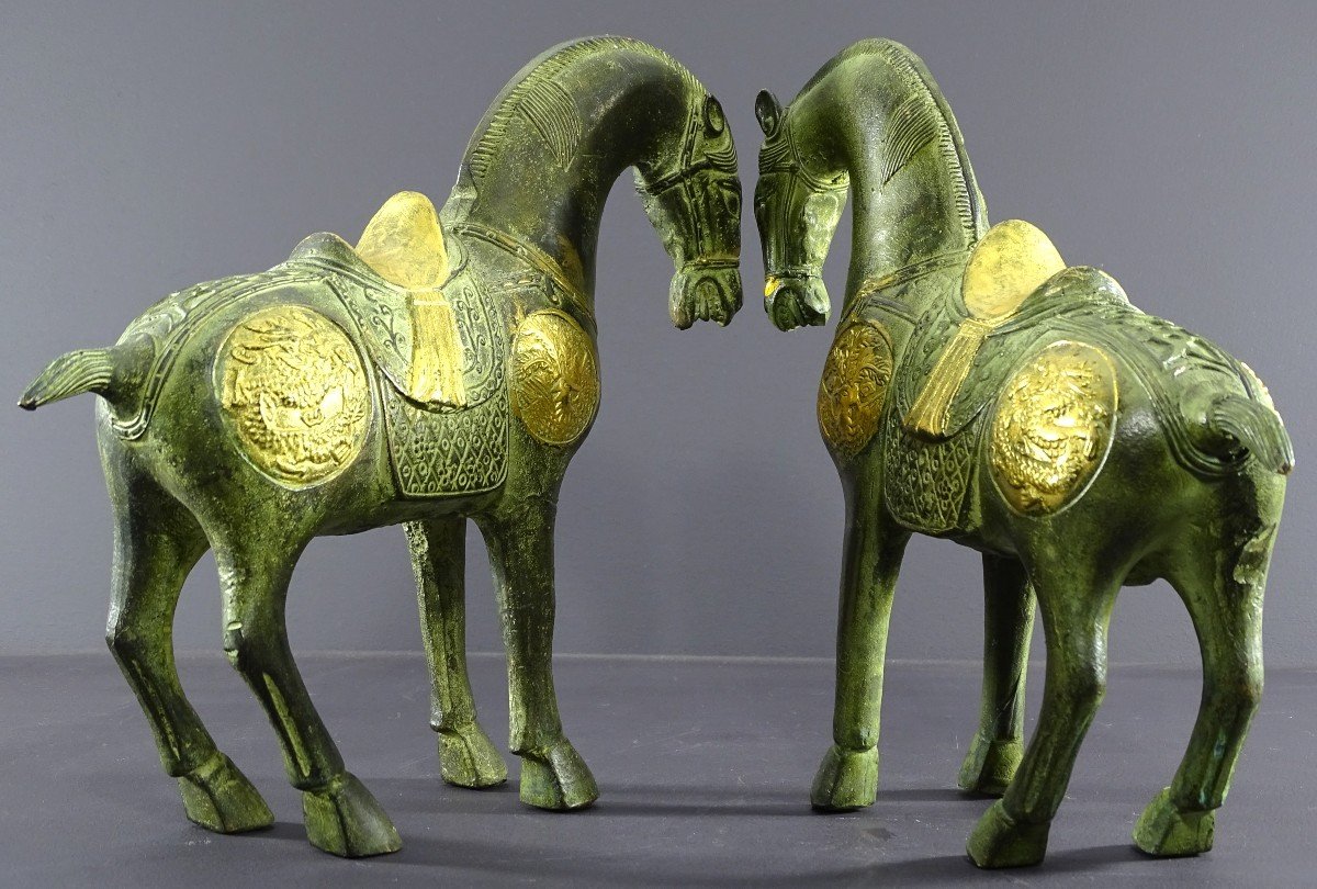 China, Mid 20th Century, Pair Of Bronze Horses In The Spirit Of The Tang Dynasty.-photo-1