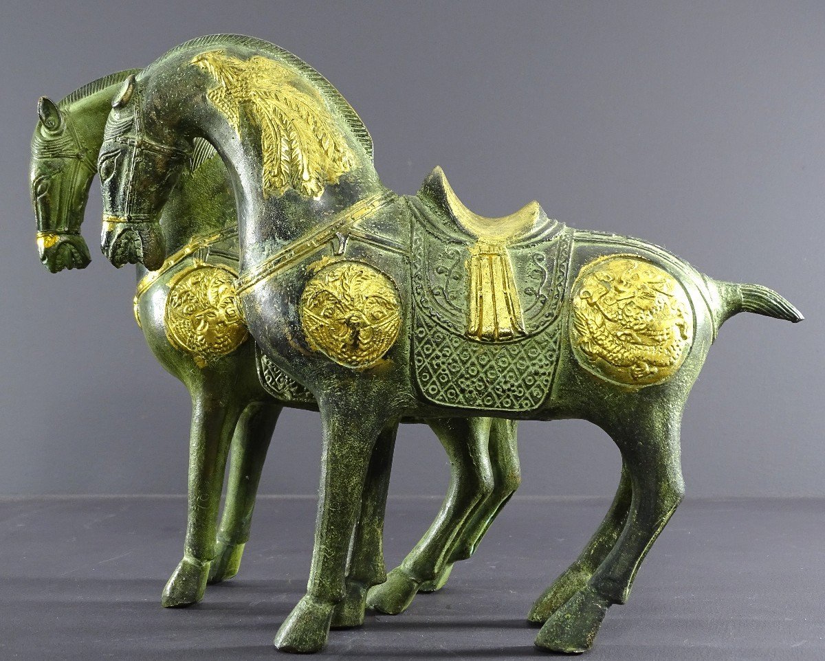 China, Mid 20th Century, Pair Of Bronze Horses In The Spirit Of The Tang Dynasty.-photo-2