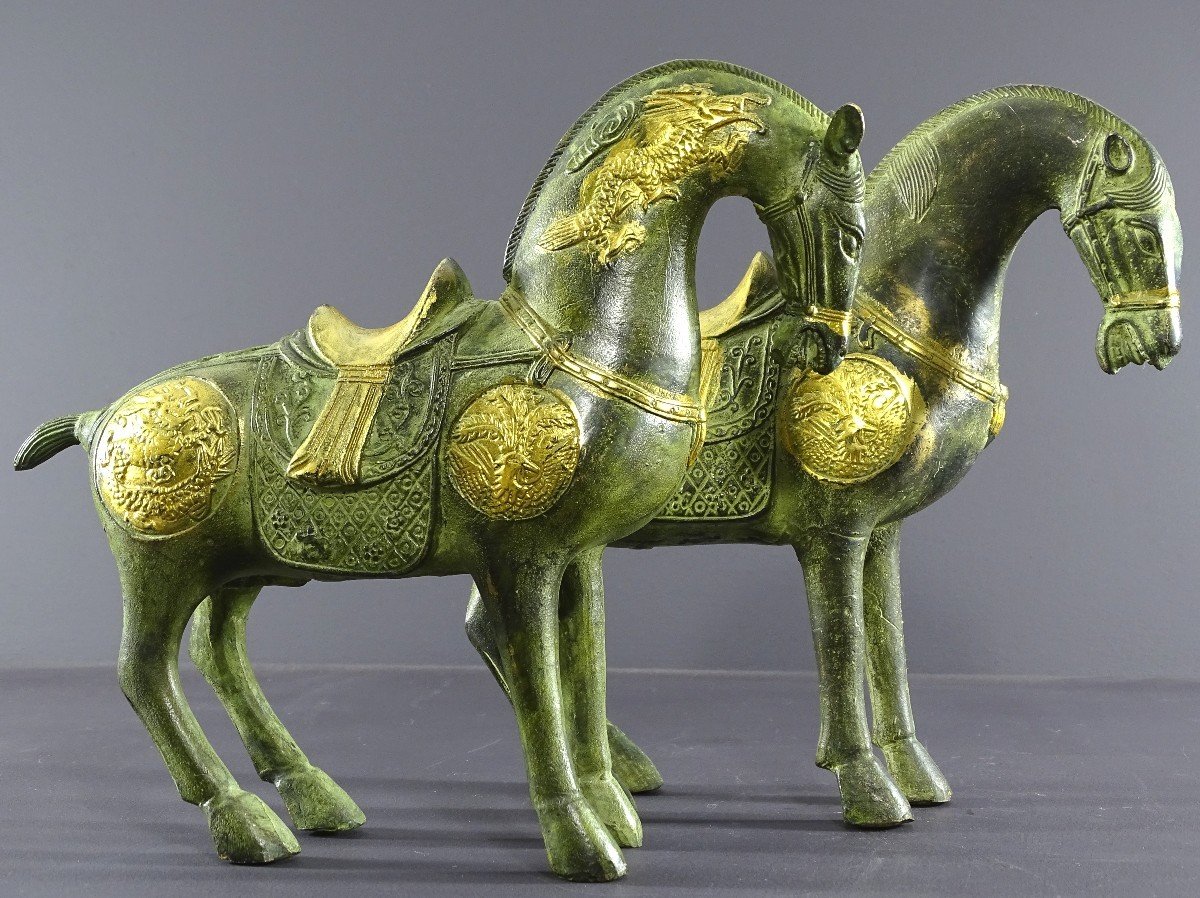 China, Mid 20th Century, Pair Of Bronze Horses In The Spirit Of The Tang Dynasty.-photo-3