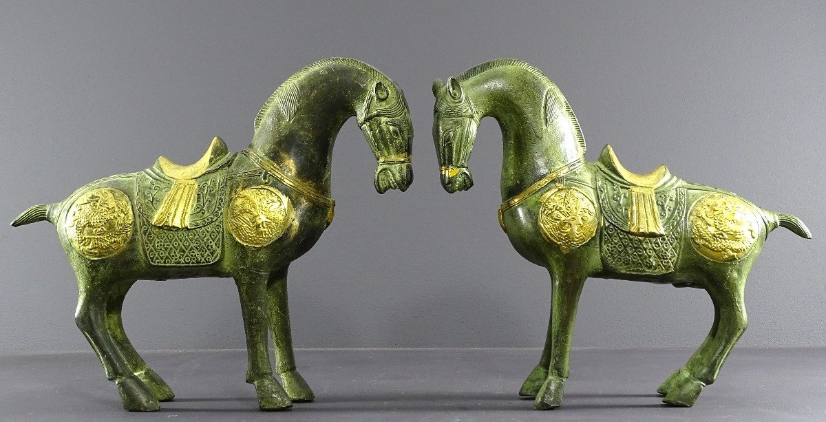 China, Mid 20th Century, Pair Of Bronze Horses In The Spirit Of The Tang Dynasty.
