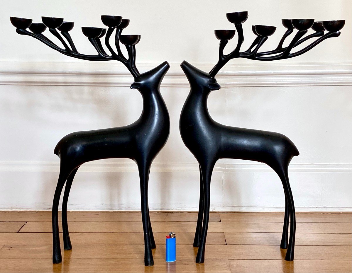 France, Années 1980, Grande Paire De Chandeliers En Bronze à Dix Lumières Figurant Des Cerfs. -photo-8