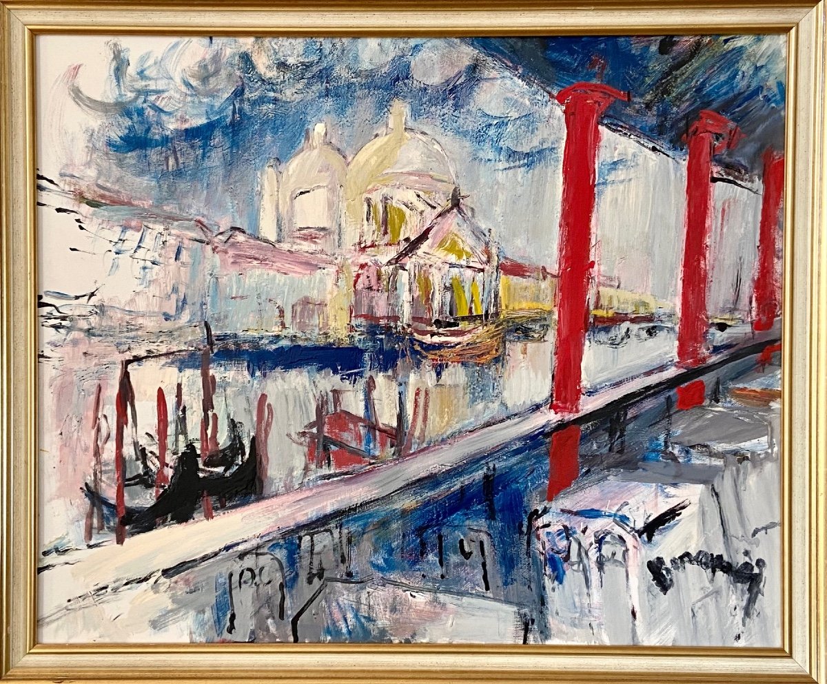 Mario Bonamici (1912-2002), Tableau Vue De Venise Titré  « terrasse Hôtel Bauer à  Venise »-photo-2