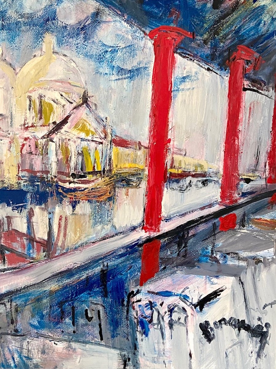 Mario Bonamici (1912-2002), Tableau Vue De Venise Titré  « terrasse Hôtel Bauer à  Venise »-photo-2