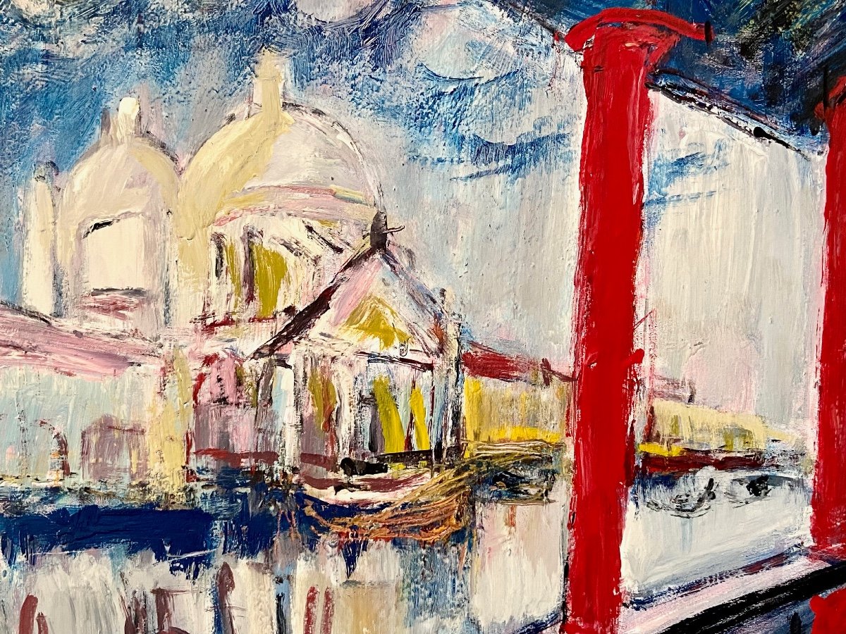 Mario Bonamici (1912-2002), Tableau Vue De Venise Titré  « terrasse Hôtel Bauer à  Venise »-photo-3