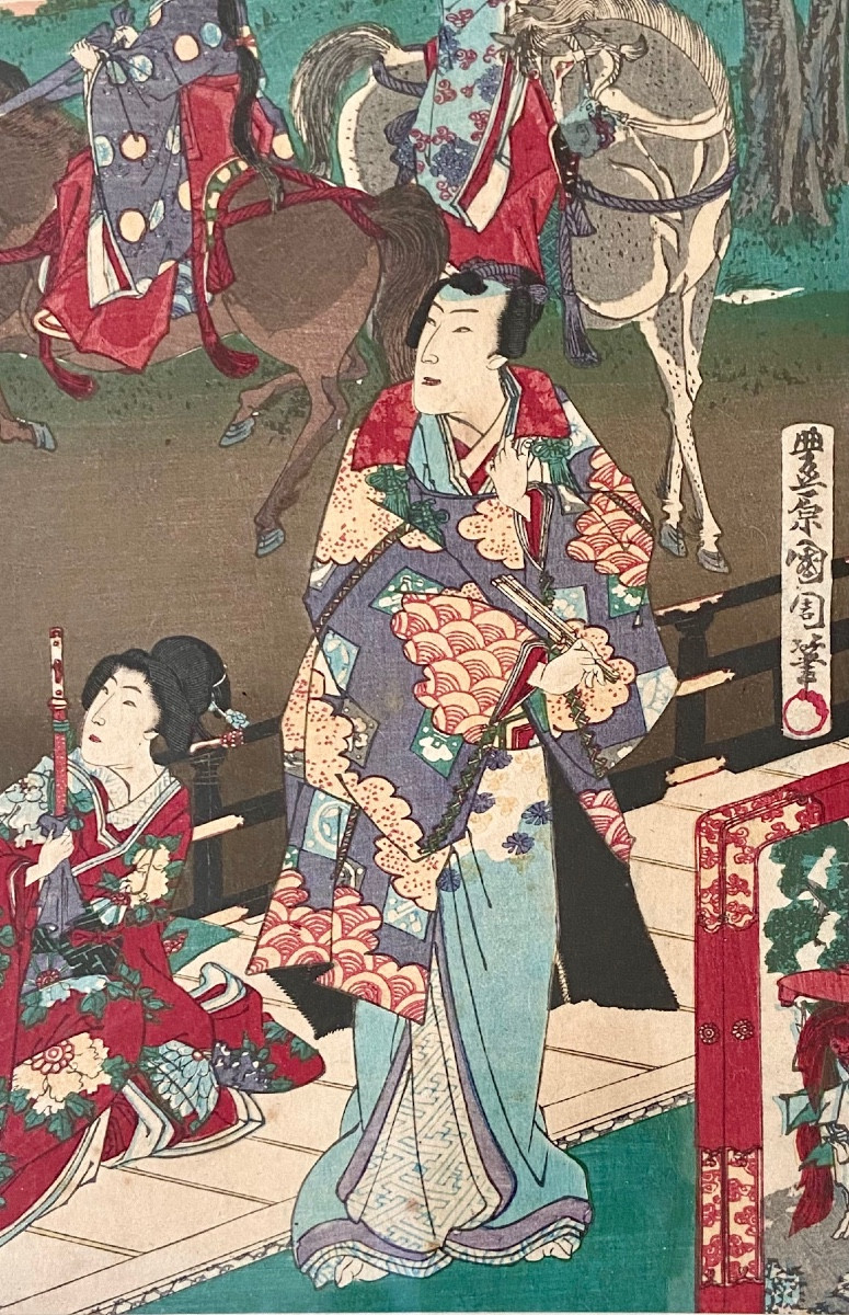 Japon, XIXème Siècle, Estampe Aux Cavaliers Par Kunichika (1835-1900).-photo-1