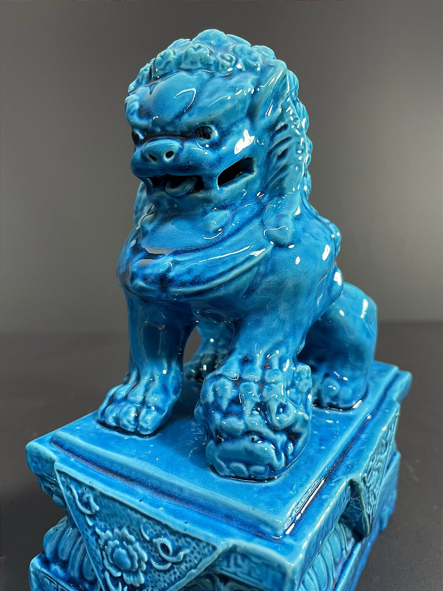 China, 1950s/1960s, Lovely Pair Of Turquoise Blue Porcelain Fo Dogs.-photo-4