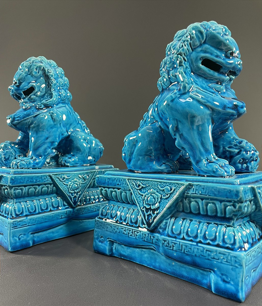 China, 1950s/1960s, Lovely Pair Of Turquoise Blue Porcelain Fo Dogs.-photo-4