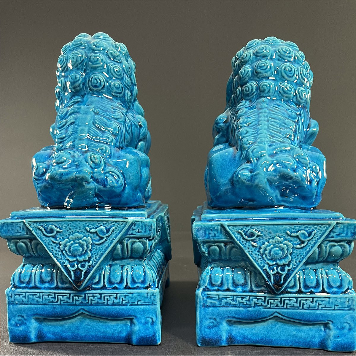 China, 1950s/1960s, Lovely Pair Of Turquoise Blue Porcelain Fo Dogs.-photo-6