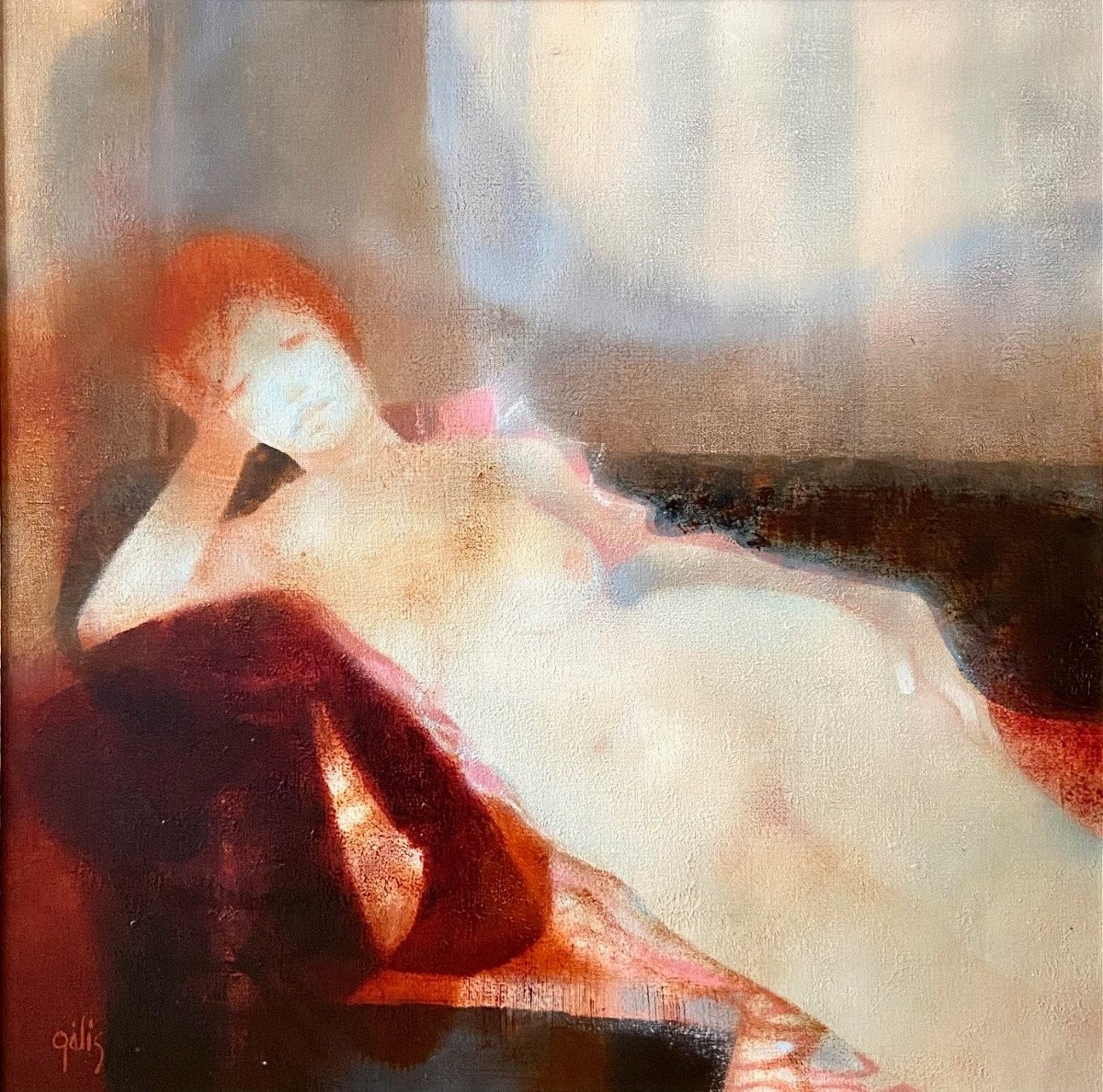 Daniel Gelis (born In 1942), 1970s Painting "nude On A Red Couch".-photo-3