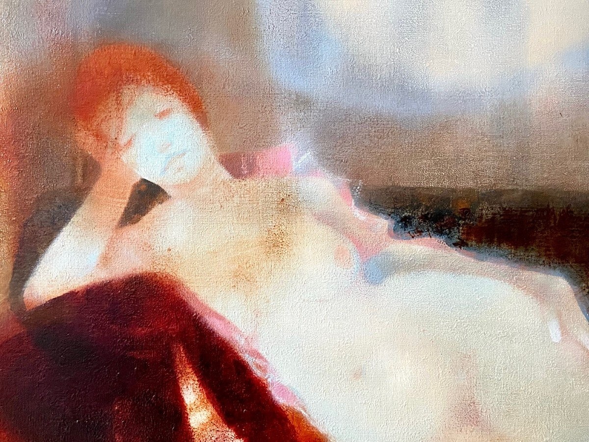 Daniel Gelis (born In 1942), 1970s Painting "nude On A Red Couch".-photo-3