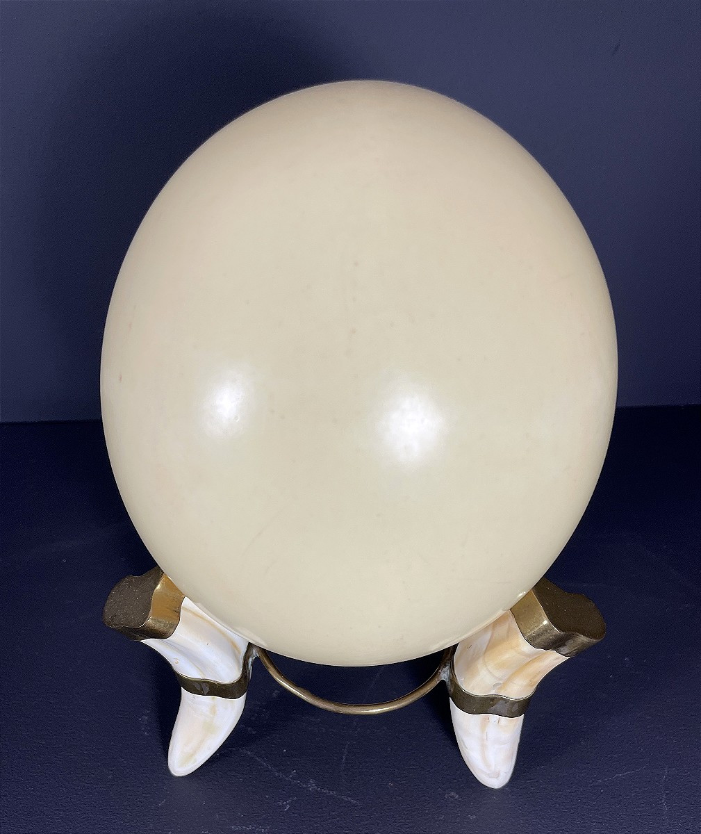 France, Oeuf d'autruche monté sur un pied tripode en corne et métal doré, 1970.-photo-4