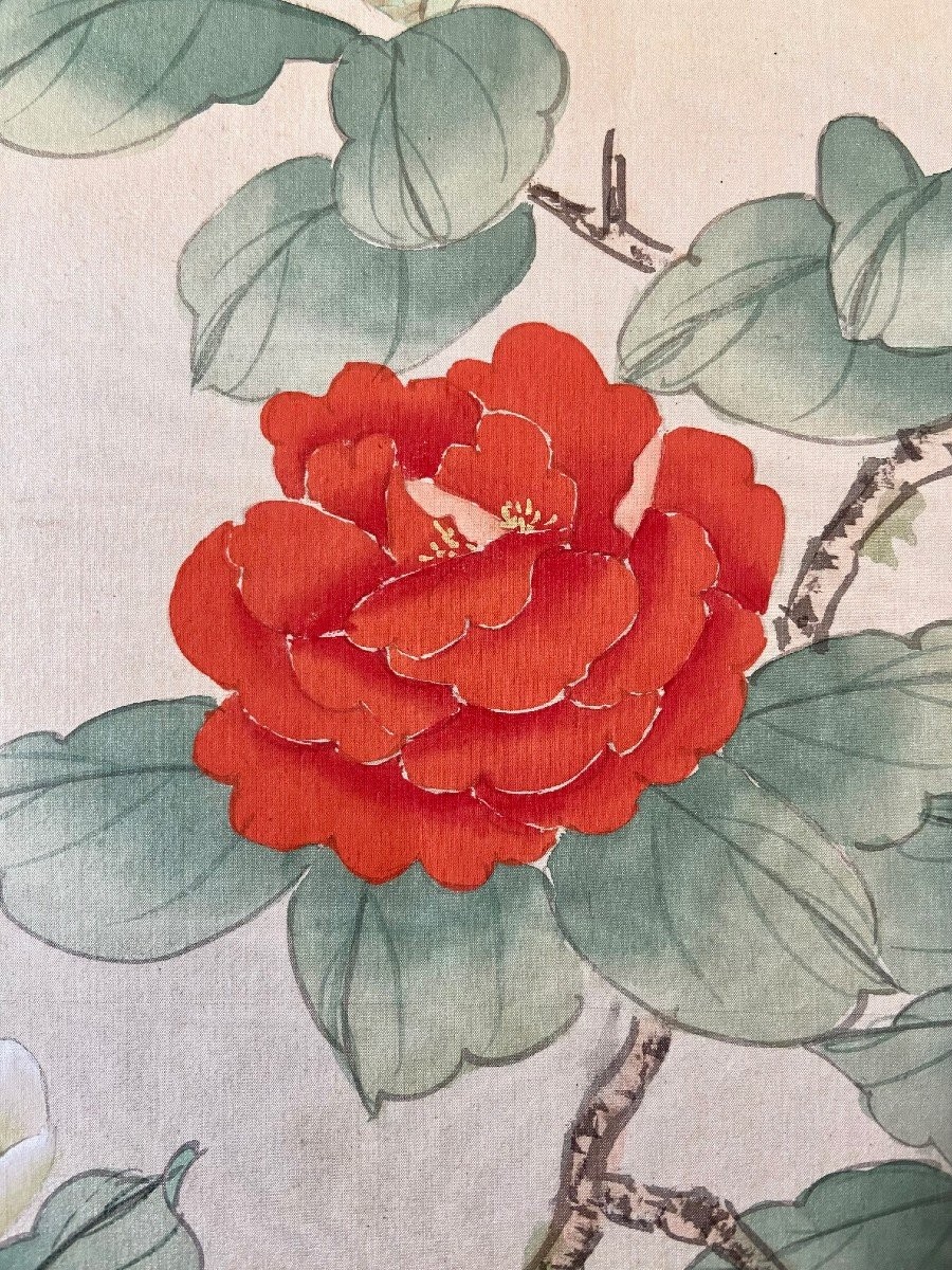 Chine, Années 1950, Peinture Sur Soie Oiseau Parmi Les Branches En Fleur II-photo-2
