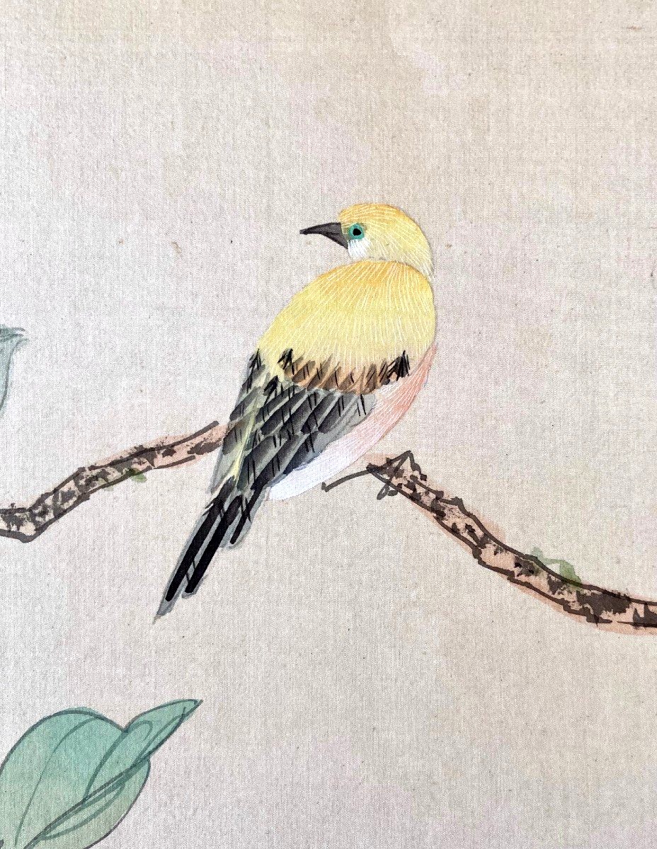 Chine, Années 1950, Peinture Sur Soie Oiseau Parmi Les Branches En Fleur II-photo-4