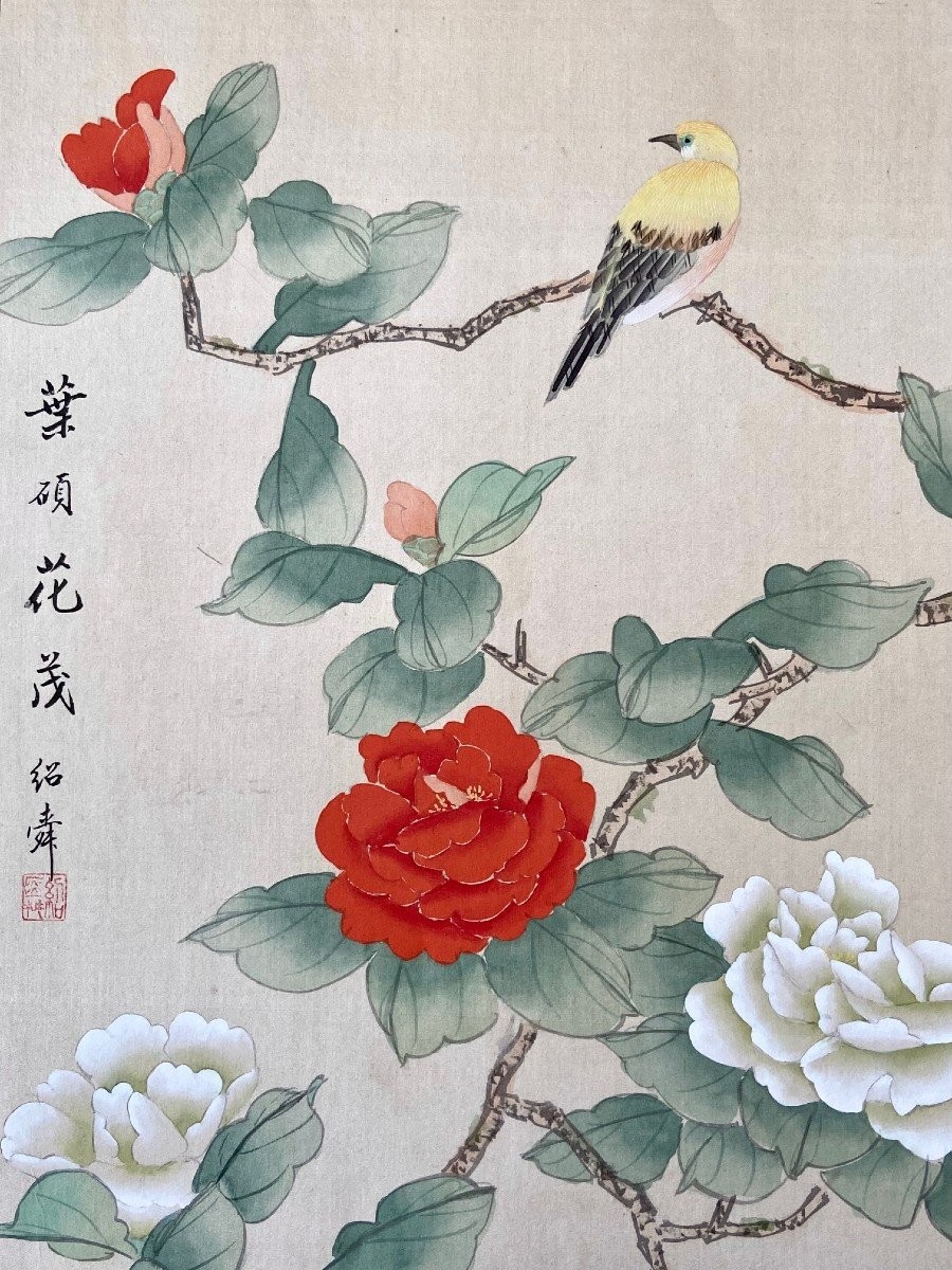 Chine, Années 1950, Peinture Sur Soie Oiseau Parmi Les Branches En Fleur II-photo-1