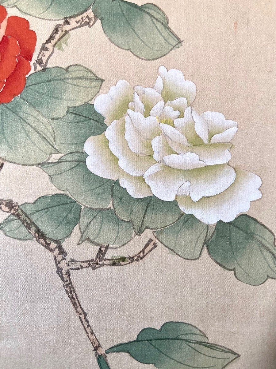 Chine, Années 1950, Peinture Sur Soie Oiseau Parmi Les Branches En Fleur II-photo-3