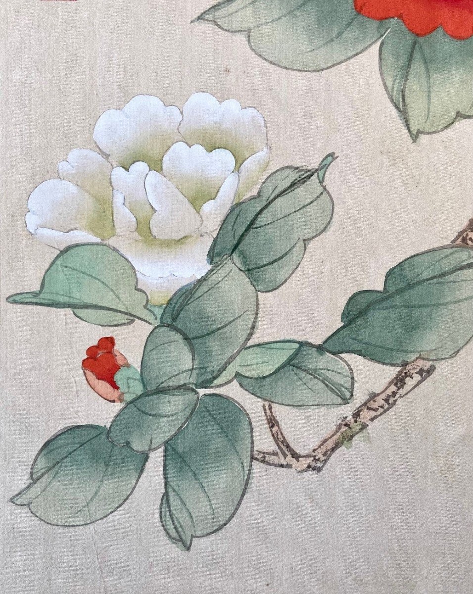 Chine, Années 1950, Peinture Sur Soie Oiseau Parmi Les Branches En Fleur II-photo-5