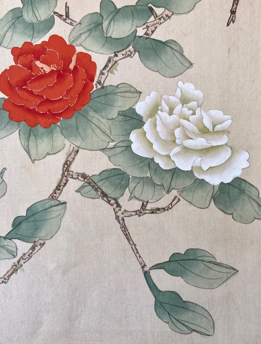 Chine, Années 1950, Peinture Sur Soie Oiseau Parmi Les Branches En Fleur II-photo-7
