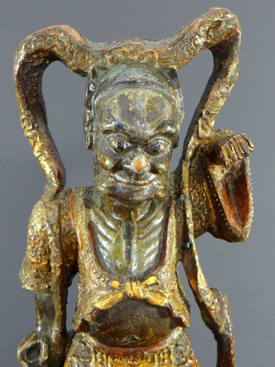 China, Early 20th Century Or Earlier, Lacquered Wood Temple Guardian Statue.-photo-3