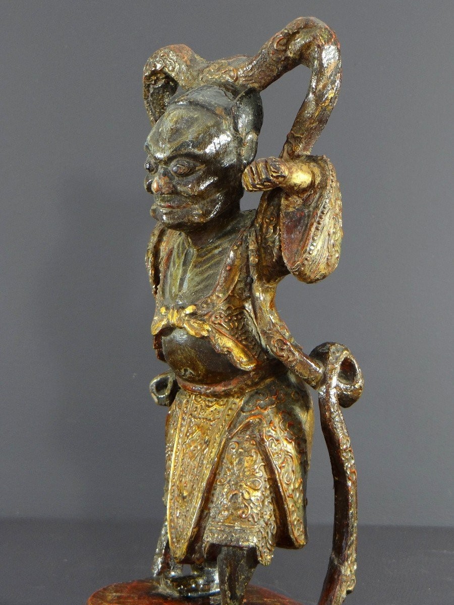 China, Early 20th Century Or Earlier, Lacquered Wood Temple Guardian Statue.-photo-3