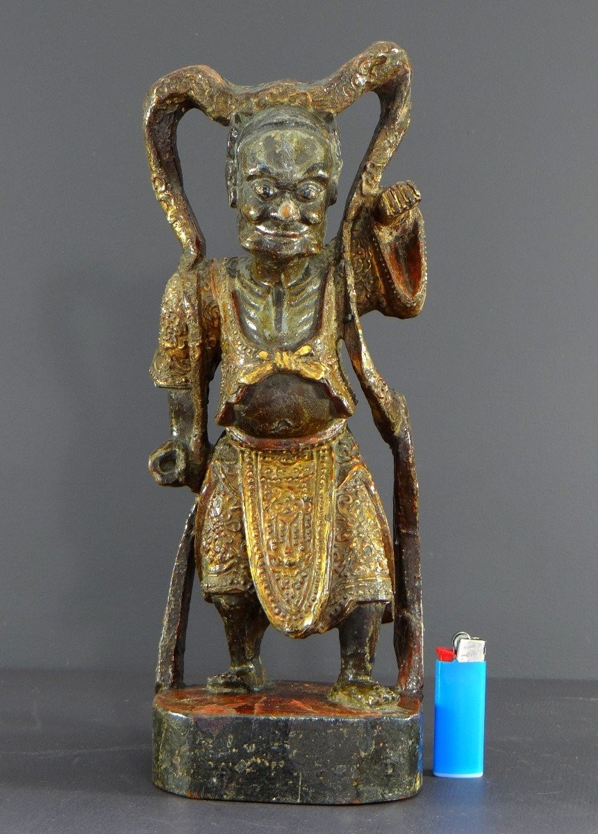 China, Early 20th Century Or Earlier, Lacquered Wood Temple Guardian Statue.-photo-8