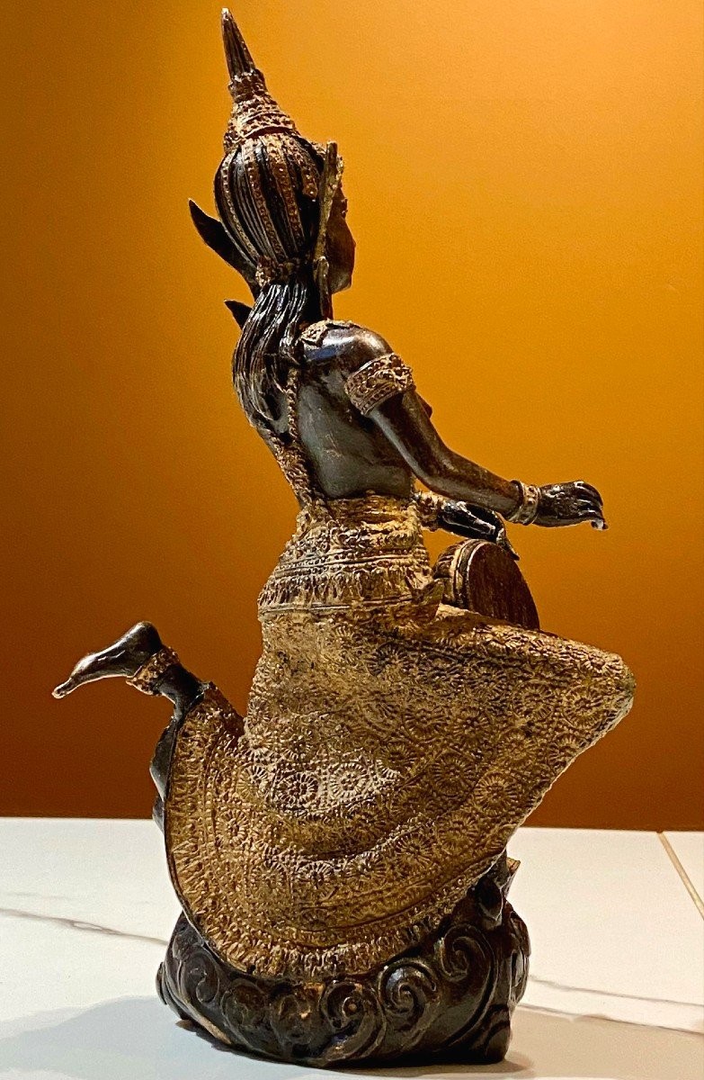 Thailand, Mid-20th Century, Bronze Musician Statue With Dark And Gold Patina.-photo-2