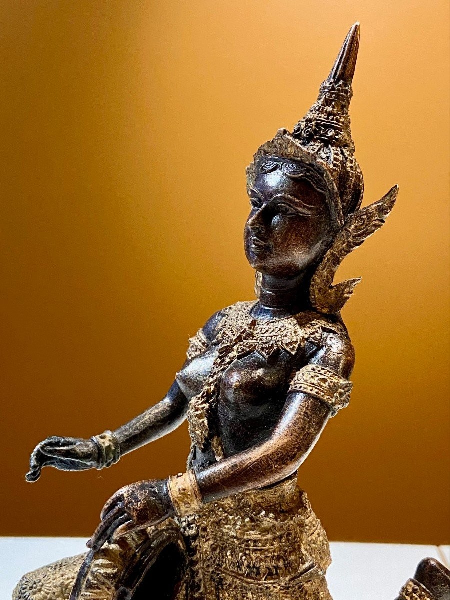 Thailand, Mid-20th Century, Bronze Musician Statue With Dark And Gold Patina.-photo-2